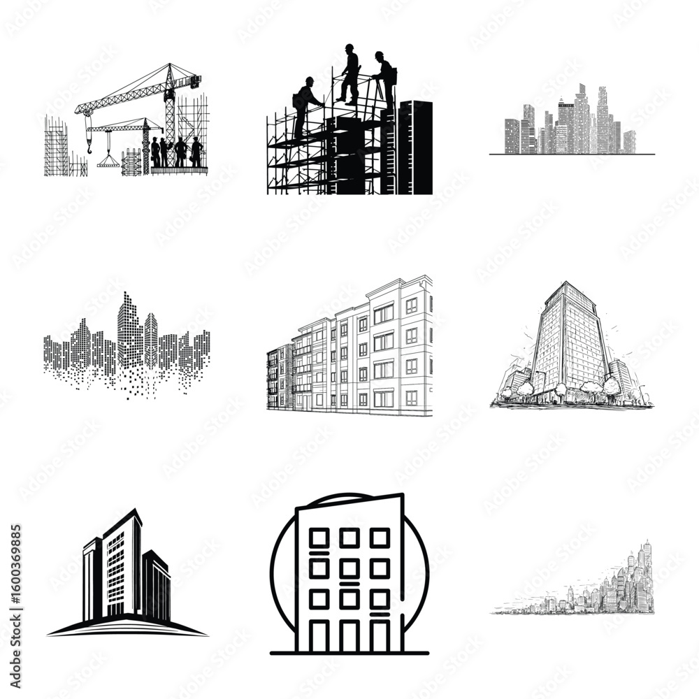 Fototapeta premium Architectural Designs And Cityscape Illustrations Collection Representing Construction And Modern Urban Life