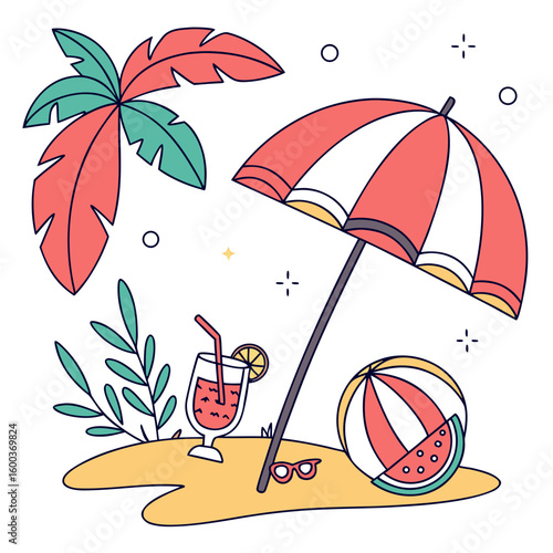 Tropical beach scene with umbrella and drink summer