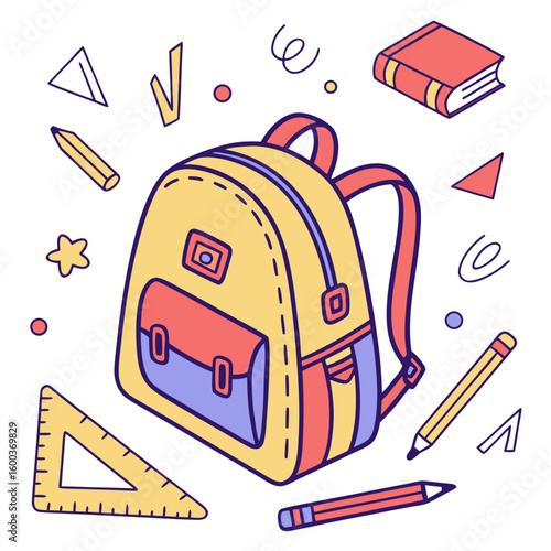 Yellow backpack with red and blue accents surrounded by school supplies education