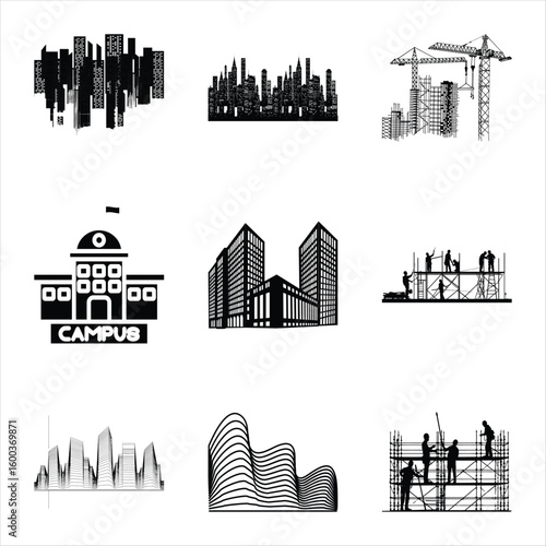 Black And White Illustrations Of Buildings Construction And Cityscapes Set On A White Background