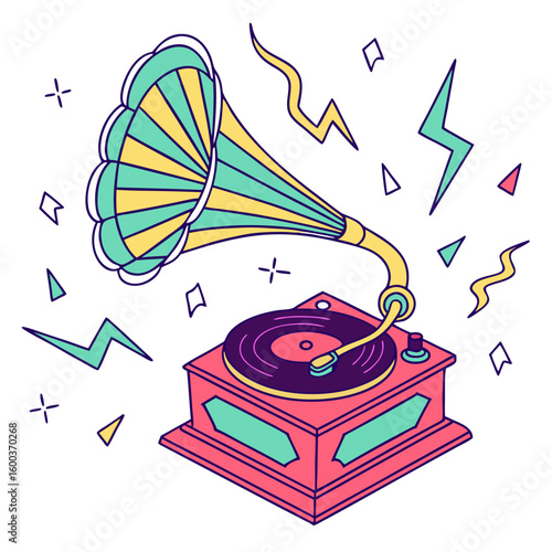 Vintage gramophone with neon geometric shapes turntable
