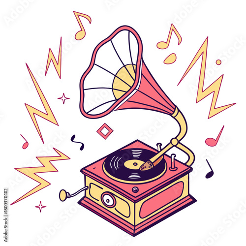 Vintage music player with neon sound waves turntable