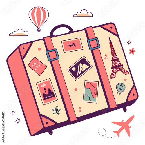 Vintage suitcase with travel stickers and hot air balloon