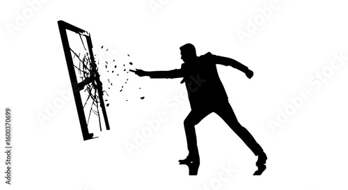 Vector art of silhouette of a man in a suit breaking through a shattering glass window with a forceful impact isolated