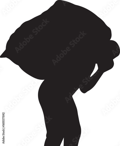 Vector art of a black silhouette of a person carrying a large heavy bag or load on their shoulder symbolizing effort