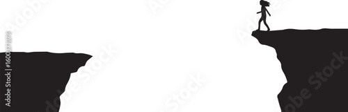 Vector art of a lone silhouette of a woman walks confidently towards the edge of a dark cliff facing a wide chasm against