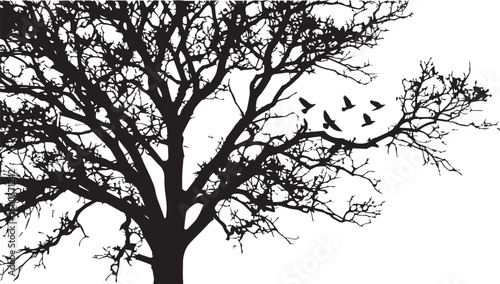 Vector art of a stark black silhouette of a bare sprawling tree with a flock of birds taking flight against a clean