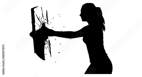 Vector art of silhouette of a woman powerfully breaking a glass pane with her fist in a dynamic action shot isolated on
