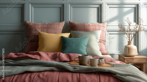 Stylish interior design of bedroom with pillows, bedsheets and personal accessories. 