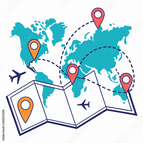 World map with travel routes and pins journey destination