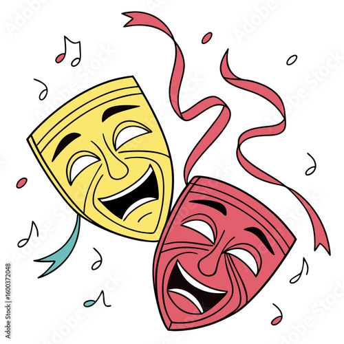 Yellow and red comedy tragedy masks with ribbons and musical notes
