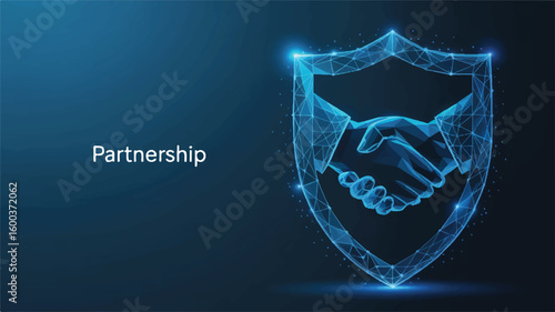 Handshake Partnership in Blue Fortress: A digital representation of a handshake enclosed within a blue shield, embodying the essence of partnership, trust, and protection against a dark backdrop. 