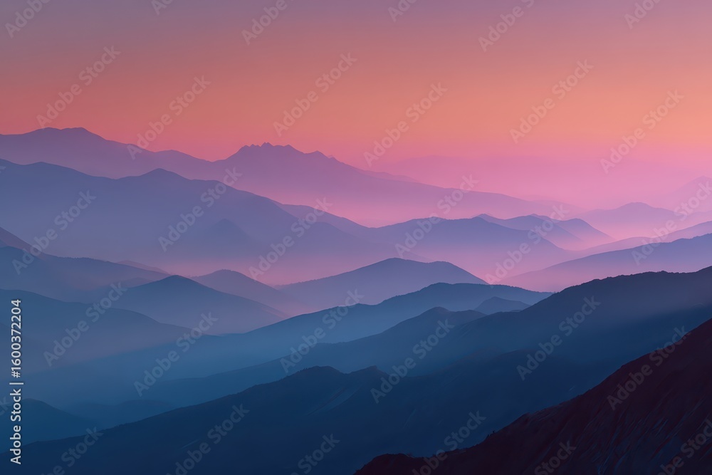 Obraz premium Majestic misty mountains display gradient of colors from pink sunset to blue shadows