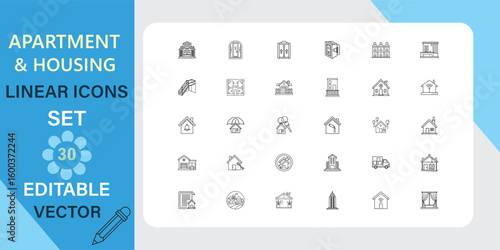 Thirty editable vector icons depicting apartments, houses, and real estate related symbols. 