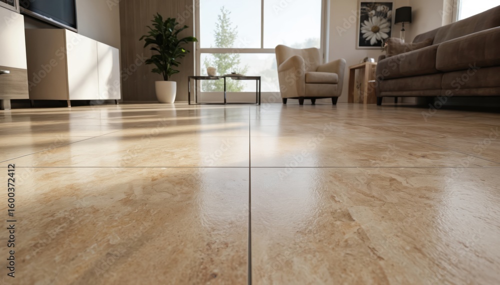 Obraz premium Polished travertine tiles create warm, elegant flooring in modern living room. Natural stone in beige, light brown hues offers luxurious, clean aesthetic. Sunlight streams through large window,