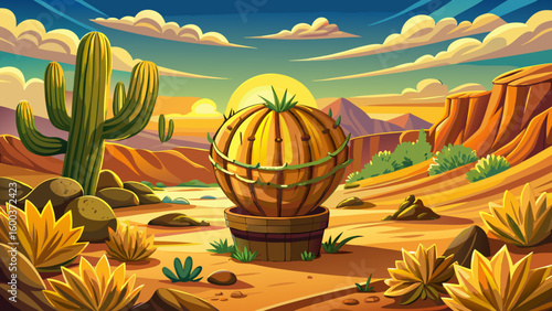  very Beautiful golden barrel cactus in a desert landscape