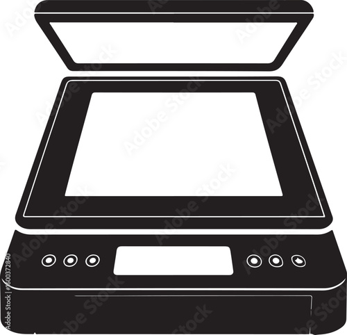 Black flatbed scanner icon with open lid document white