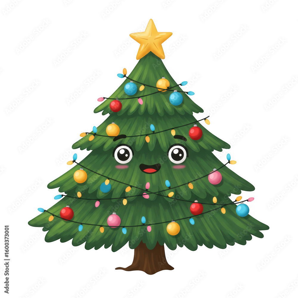 Fototapeta premium Cute christmas tree with face isolated on transparent background