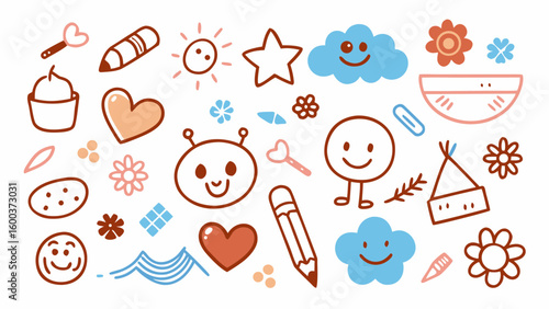 School Kindergarten Vector Doodle Set - Crayon Drawn Cute Shapes