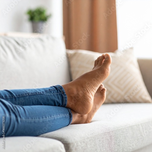 young woman lying on a sofa, ankles crossed, only legs visible 