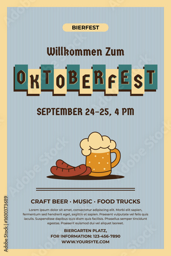 Oktoberfest vertical poster with sausages and beer mug. Blue striped background in retro mid century style. Vintage vector illustration for event promotion or web banners