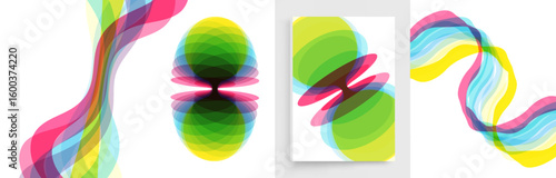 Abstract background with translucent overlapping coloured lines. Wavy background with dynamic effect. A set of geometric shapes. Vector for brochure, banner, cover, postcard, flyer or presentation.