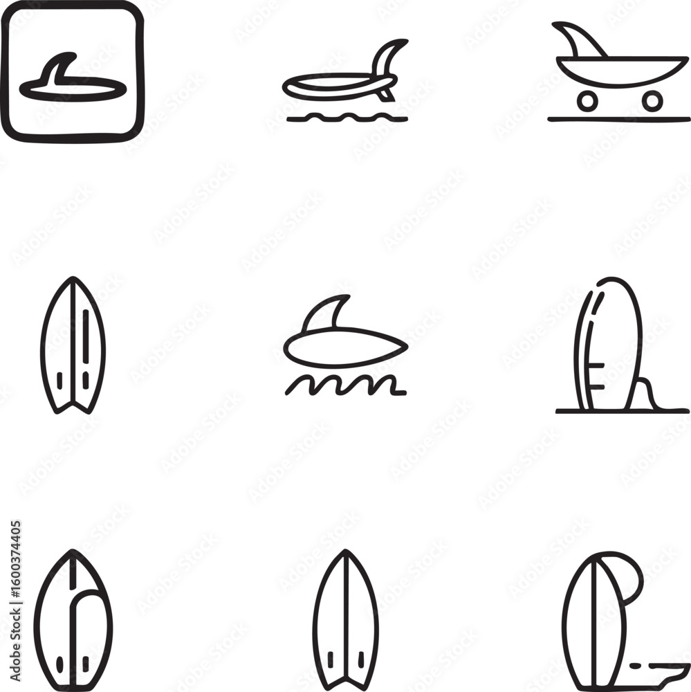Fototapeta premium Surfboard vector icon set editable stroke,outline surfboard,fin,surfing,surf,beach,wave,board,water sport,summer,travel,ocean,vacation icon set