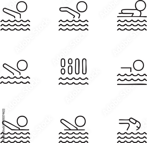 Swimming pool vector icon set editable stroke swimmer,pool lanes,breaststroke,freestyle,backstroke,swimming styles,training,recreation,water sport,outline icons,icon set