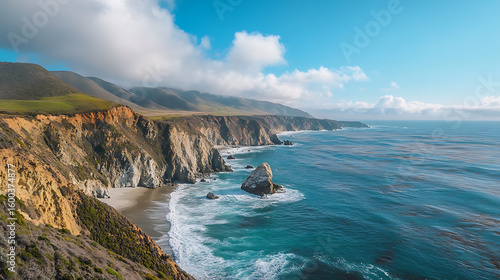 Aerial view of california coast big sur scenic route ocean cliffs and blue sky landscape photography