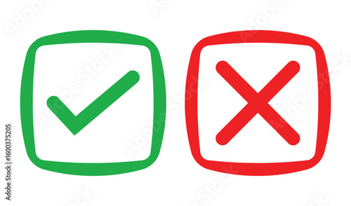 Simple illustration of a green check mark and red cross inside outlined squares on white background. Bold lines, solid colors, and minimal design for clear marking or indication concepts.