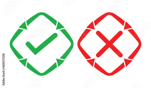 Simple illustration of a green check mark and red cross inside outlined squares on white background. Bold lines, solid colors, and minimal design for clear marking or indication concepts.
