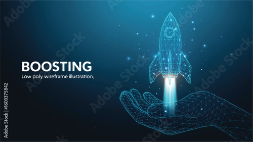 Digital Launch: A low poly wireframe illustration of a hand cradling a rocket, symbolizing growth and the beginning of something new against a blue backdrop.