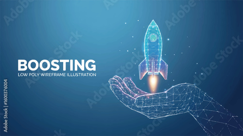 Skyward Ascent: A rocket soars gracefully from the open palm, symbolizing limitless ambition and progress, bathed in a luminous glow that ignites the night.