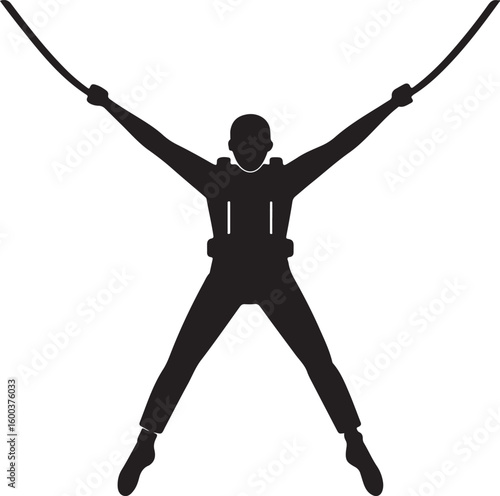 Black silhouette of person with arms outstretched connected to bungee cords bungee jumping