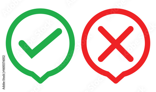Simple illustration of a green check mark and red cross inside outlined squares on white background. Bold lines, solid colors, and minimal design for clear marking or indication concepts.