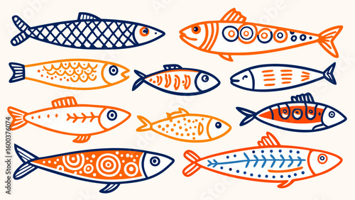 Colorful Funky Crayon Drawn Sardines - Cartoon Fish Stickers