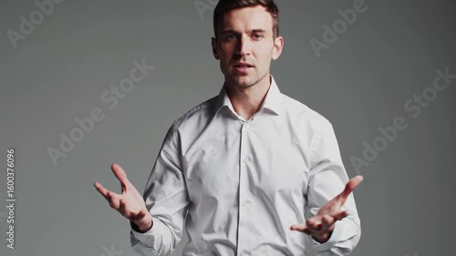 Professional man giving a speech in a studio while dressed in a formal white shirt
