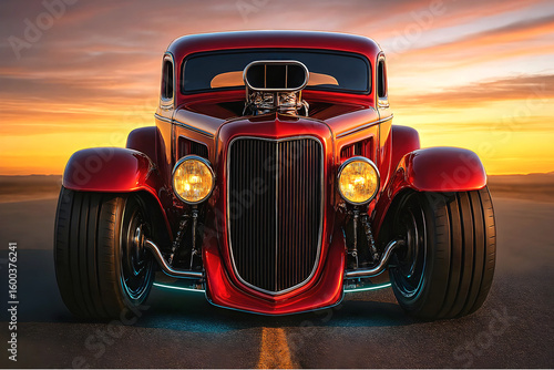 Epic Custom Hot Rod Coupe with Oversized Wheels and Chrome Engine in Arid Landscape, Classic American Automotive Power, car transport background