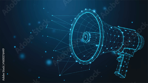 Megaphone Digital Announcement: A captivating illustration of a digital megaphone emanating interconnected points and lines, symbolizing a modern approach to broadcasting and amplification. 