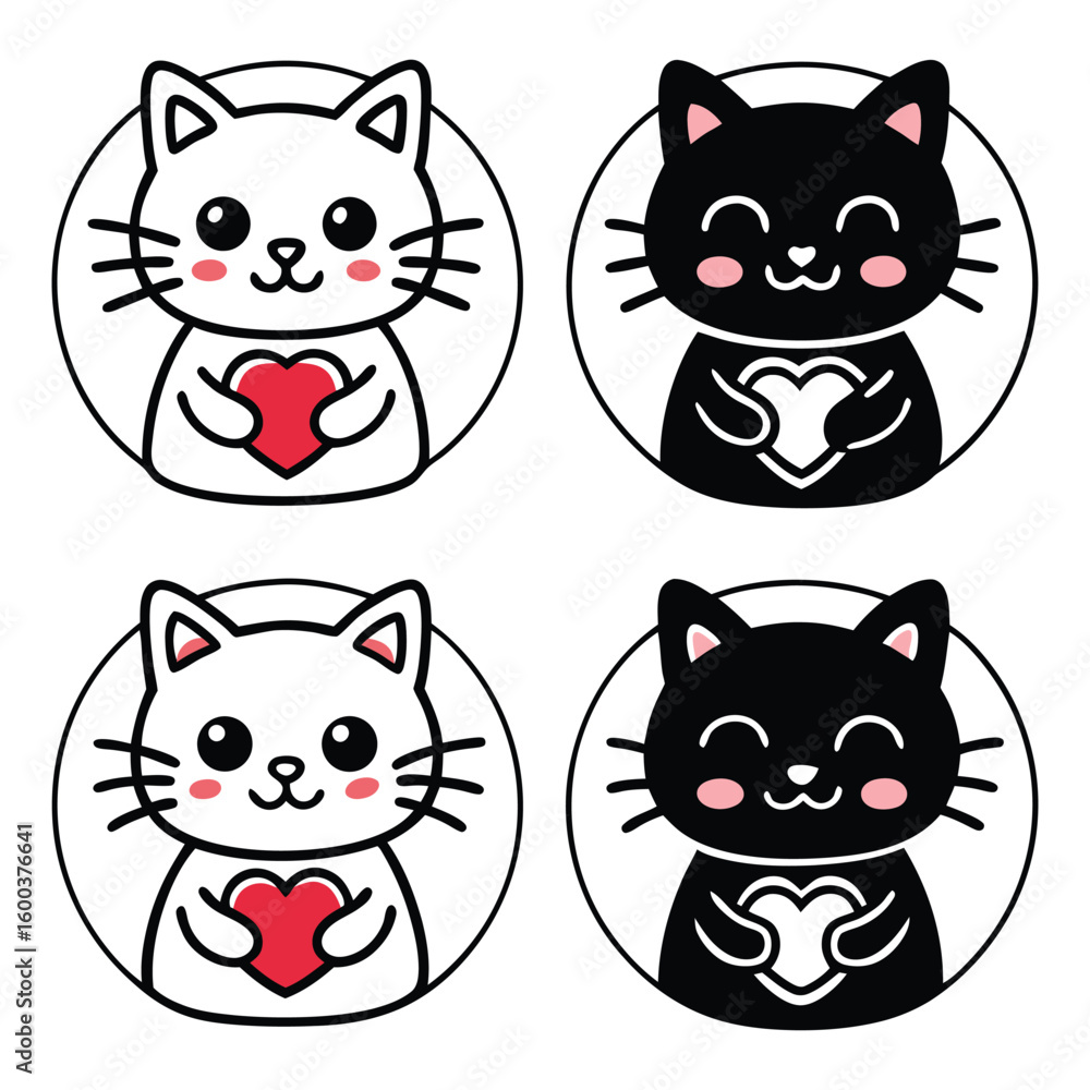 Fototapeta premium Four kawaii cats holding red hearts in circles cute animal illustrations