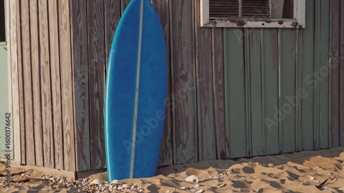 Surfboard resting against beach shack near the coastline at sunset