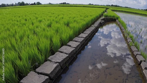 Walking along a tranquil waterway in a lush rice paddy under a clear blue sky