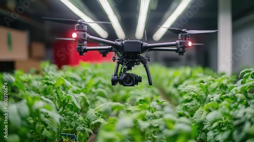 Autonomous AI greenhouse drone adjusting LED grow lights based on crop species, stage, and sustainability parameters