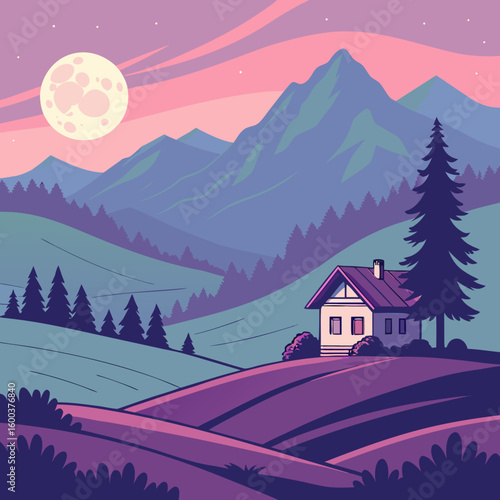 A cozy cabin nestled in a serene mountain landscape, with a full moon shining brightly over the scene. Lush pine forests, rolling hills, and majestic peaks create a peaceful, atmospheric environment.
