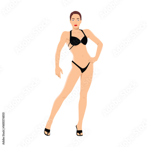 Female bikini athlete strikes a confident pose in black high heels and a stylish bikini. Flat vector illustration isolated on white background