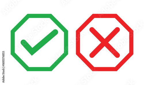 Simple illustration of a green check mark and red cross inside outlined squares on white background. Bold lines, solid colors, and minimal design for clear marking or indication concepts.