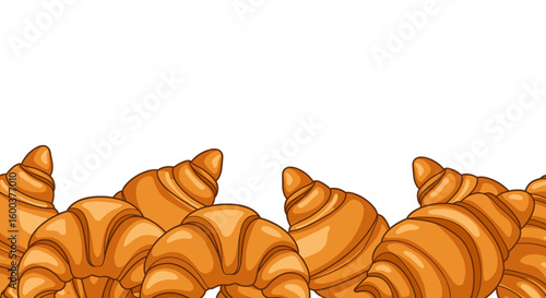 Crispy croissants on transparent background, vector illustration with bottom frame – perfect for decorating menus, bakeries, and coffee shops