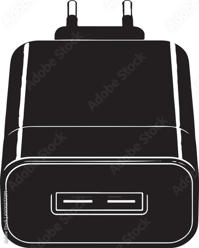 Black usb charger icon with two ports and prongs black icon vector