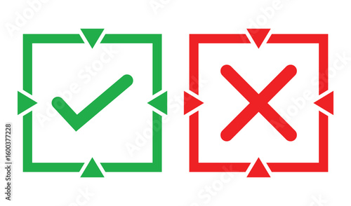 Simple illustration of a green check mark and red cross inside outlined squares on white background. Bold lines, solid colors, and minimal design for clear marking or indication concepts.