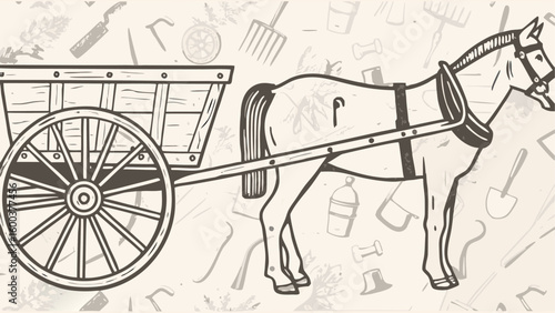 Illustration of a horse pulling a wooden cart with farming tools in the background sketch style silhouette